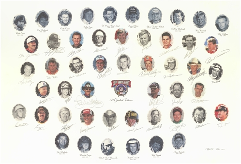 1998 NASCAR 50 Greatest Drivers Litho With 34 Signatures Including Dale Earhardt, Richard Petty, David Pearson, Jeff Gordon and Junior Johnson (JSA)